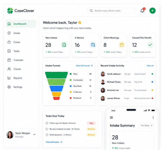 The CaseClover attorney review queue showing qualified, borderline, and decline-recommended leads